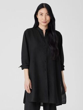 Eileen Fisher Handkerchief Linen Mandarin Collar Long Shirt